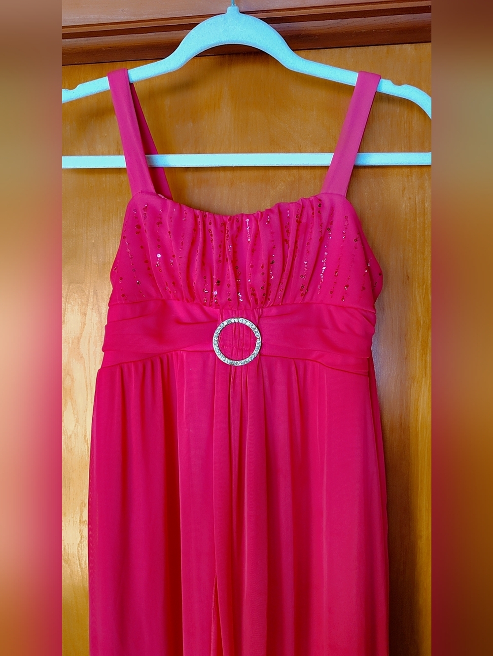 Ruby Rox Hot Pink Chiffon Prom Evening Gown With Rhinestone Accent - Picture 5 of 7